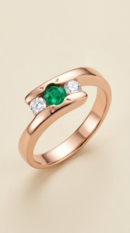Anillo en oro rosado 18K con Esmeralda y Circon