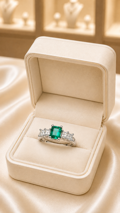 Argolla en oro blanco 18K con Esmeralda y Diamantes